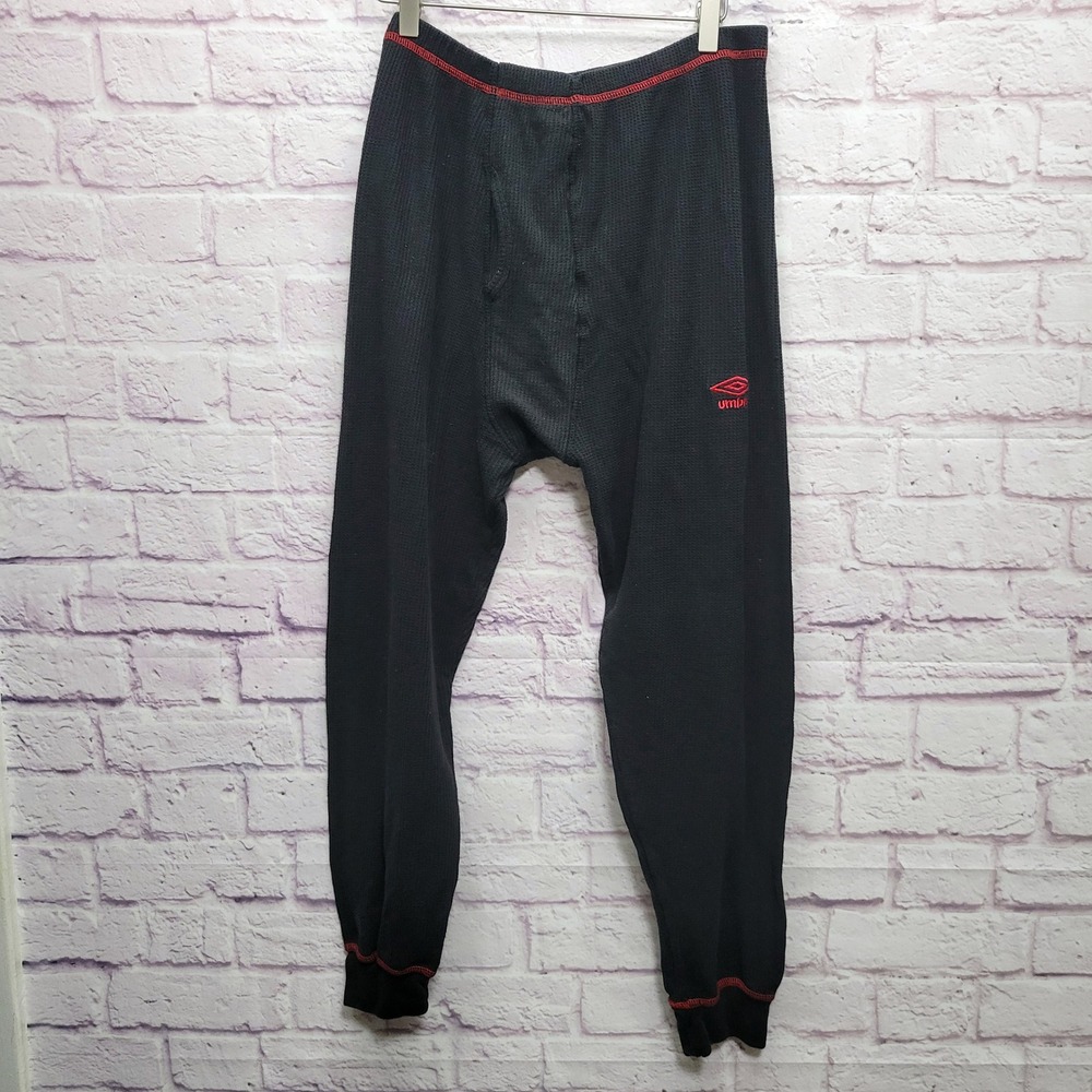 Umbro Thermal Long Underwear Pants Mens XL‎ Black Red Stitching Waffle Knit Warm